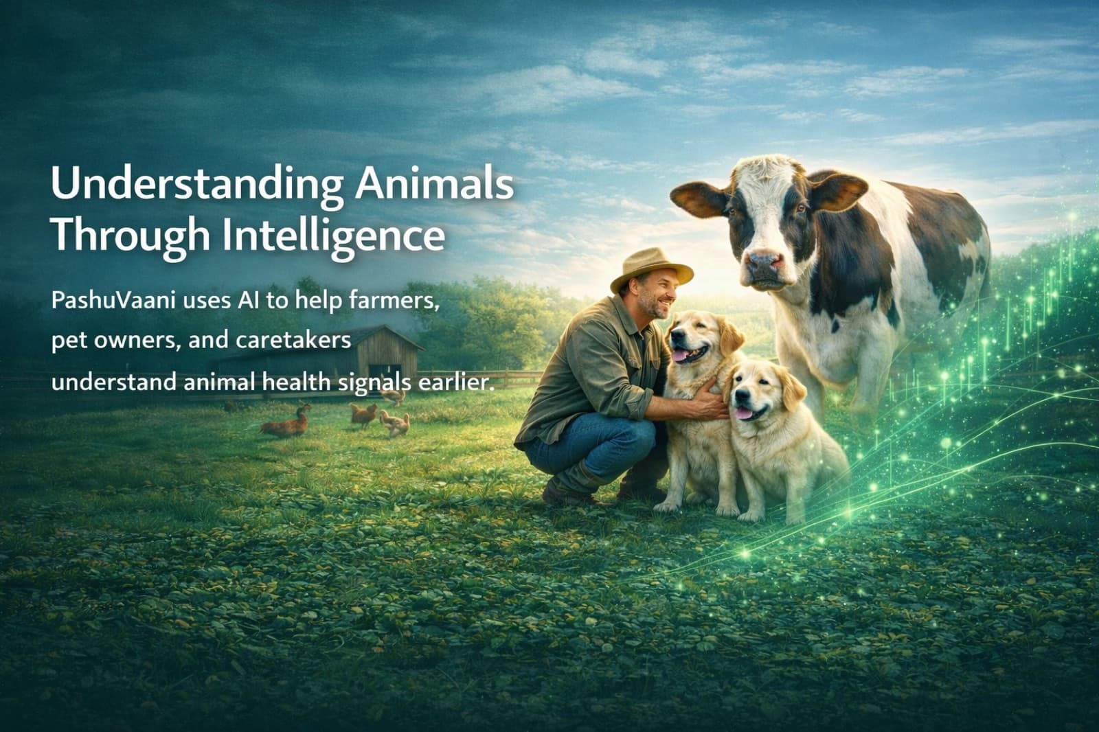A farmer and his dogs in the field